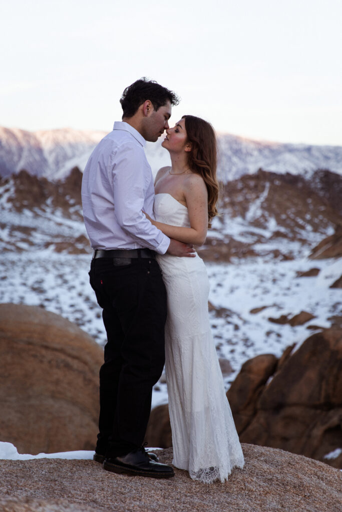 couple about to kiss in Alabama hills 